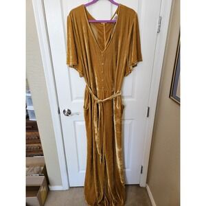 Unique Vintage 1940s Style Mustard Velvet Button Down V-Neck Jumpsuit 3XL
